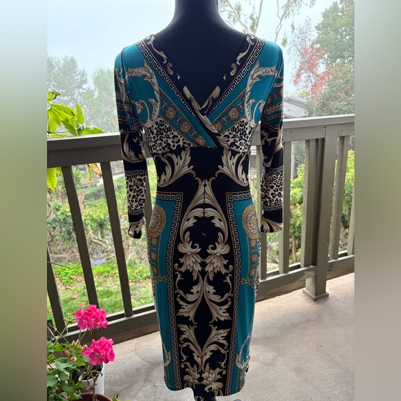 Eva Varro Teal Black Bodycon Dress w Baroque,Chain,Leopard Print size Small - Picture 3 of 8